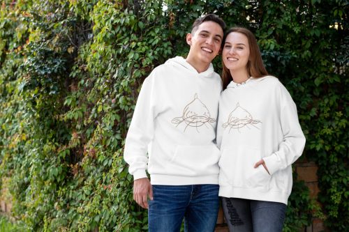 Harcsa mintás hímzet unisex kapucnis fehér pulóver